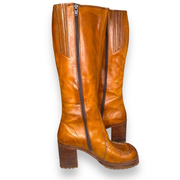 Vintage PLATFORM BOOTS Tan Leather Braided 1970s Campus Boots Size 8 - Picture 6 of 10